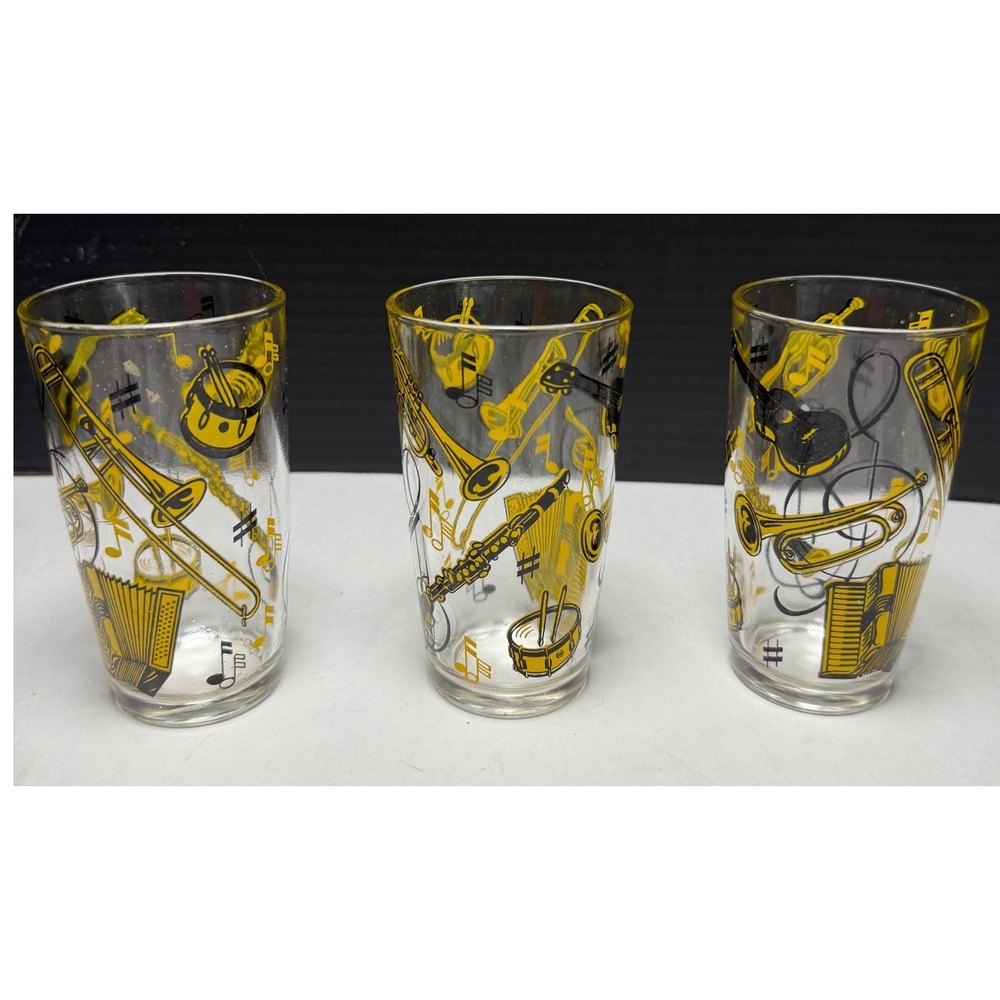 3 VTG Hazel Atlas Jazz MCM Musical Instrument Juice Glasses Yellow Black 5in